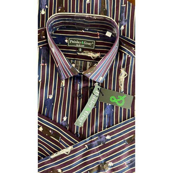 Paisley & Gray Men’s Slim Fit Dress Shirt M Striped Man Print Burgundy Navy NWT - Picture 11 of 14